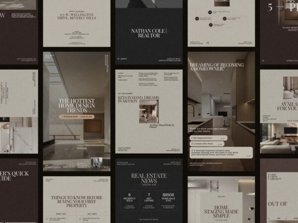 Professional real estate Instagram post templates designed for agents, with customizable layouts in Canva, dimensions 1080x1350 PX.