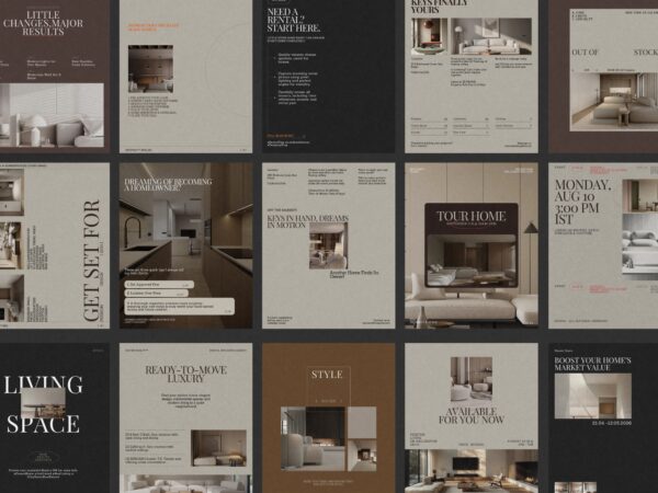 Modern Canva real estate post templates bundle featuring sleek layouts to captivate potential buyers with 120 unique designs.