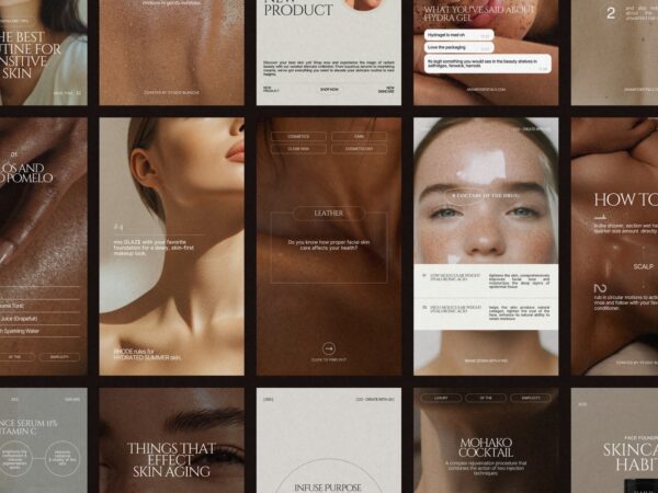Stylish Canva layout showcasing 35 editable skincare Instagram story templates designed for beauty brands and clinics.
