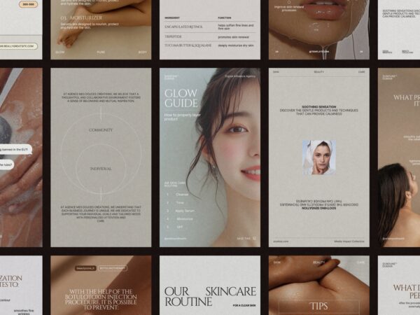 Stylish Canva layout featuring vibrant skincare Instagram story templates for beauty brands, perfect for product promotions and tips.