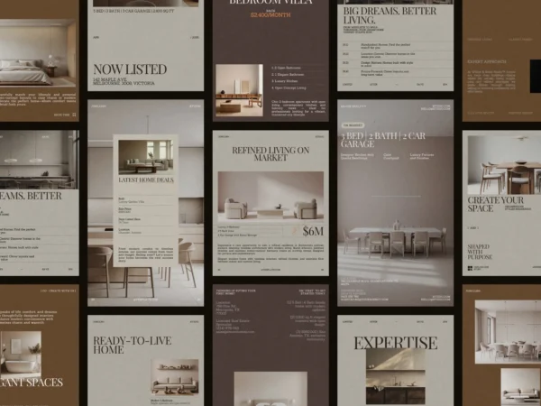 Elegant, customizable Canva layout showcasing real estate post and story templates for professionals, specifically 1080x1350 px in size.