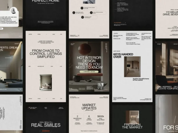 Elegant Canva layouts for real estate posts and stories, designed for seamless branding and showcasing properties, perfect for agents.