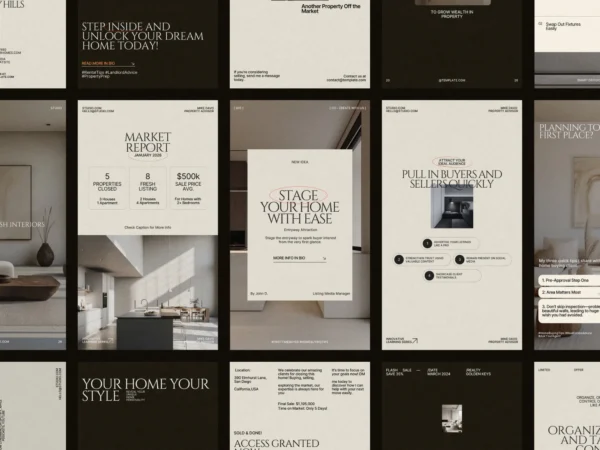 Stylish real estate Instagram story templates designed in Canva, perfect for showcasing property tours and market updates, sized 1080x1920 PX.