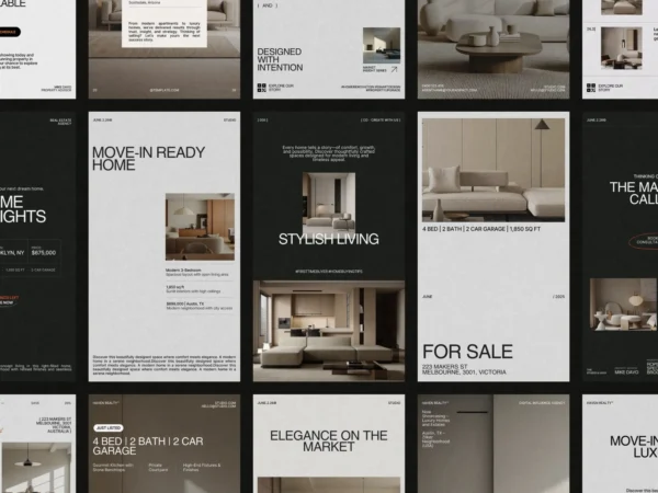 Stylish and modern Canva real estate Instagram story templates, perfect for showcasing property listings in 1080x1920 px.