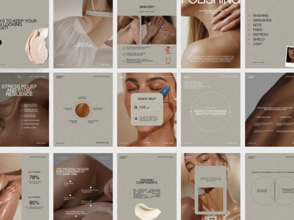 Stylish Skincare Instagram post templates designed for brands, featuring clean layouts for showcasing products and routines in a 1080x1350 PX format.
