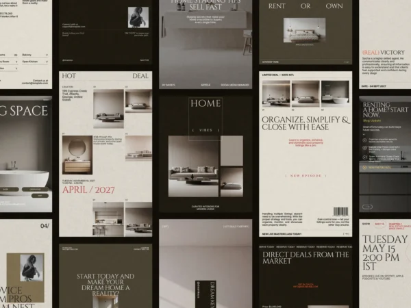 Professional Canva real estate post and story templates, features 80 customizable layouts designed for consistent branding.