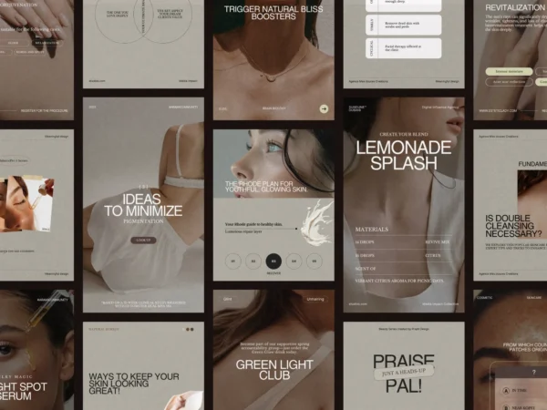 Stunning 210-template collection in Canva designed for skincare brands to elevate their Instagram posts and stories with a polished aesthetic.
