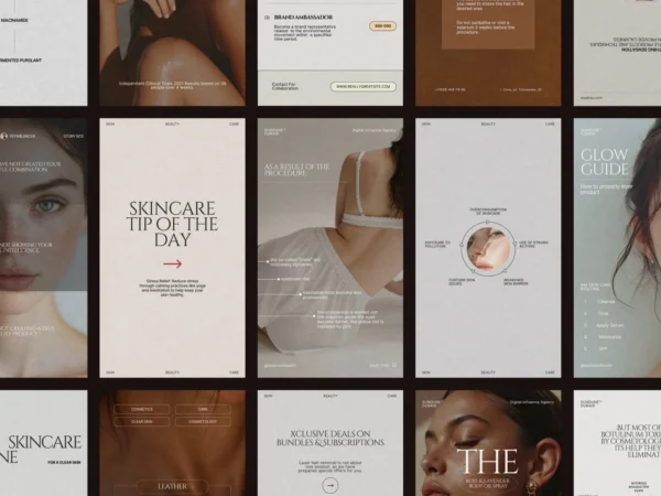 Stylish and polished skincare story bundle template for Instagram, featuring 105 customizable designs perfect for beauty brands and estheticians.