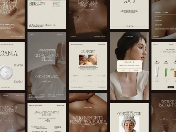 Elegant Canva skincare post template showcasing a glowing transformation with vibrant colors and professional layout for beauty brands.