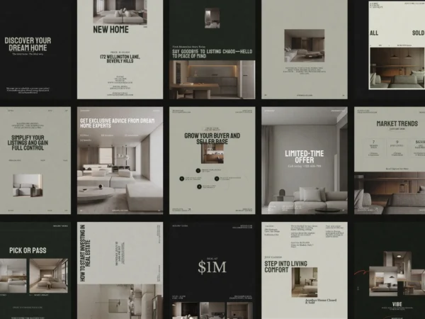 Modern Canva property listing post template tailored for real estate agents, featuring vibrant colors and a spacious layout for promoting new listings and open houses.