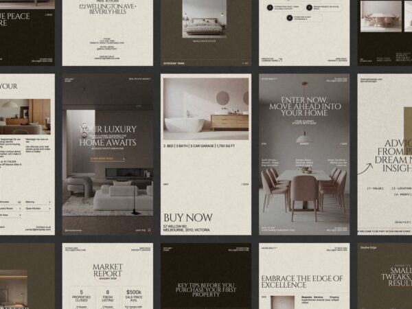 Stylish Canva realtor story kit showcasing 120 creative templates, ideal for highlighting property listings and local announcements.