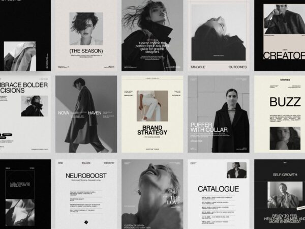 Collection of 35 fully editable Instagram Marketing Posts with vibrant layouts designed for promoting new products and launches, compatible with Canva.