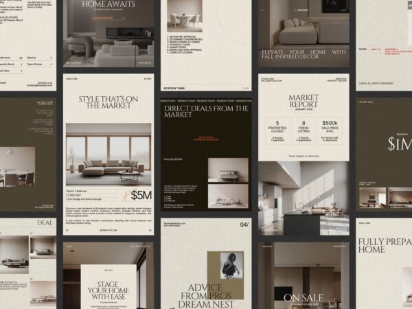 A collection of 240 real estate Canva bundle templates showcasing polished designs for Instagram posts and stories, perfect for realtor marketing.