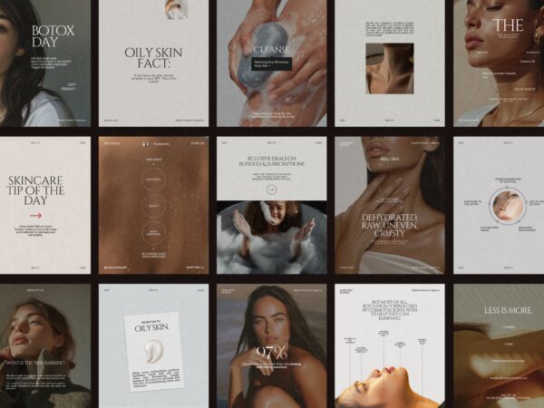 Elegant Canva template showcasing skincare products, designed for Instagram posts to enhance brand visibility in beauty social media.