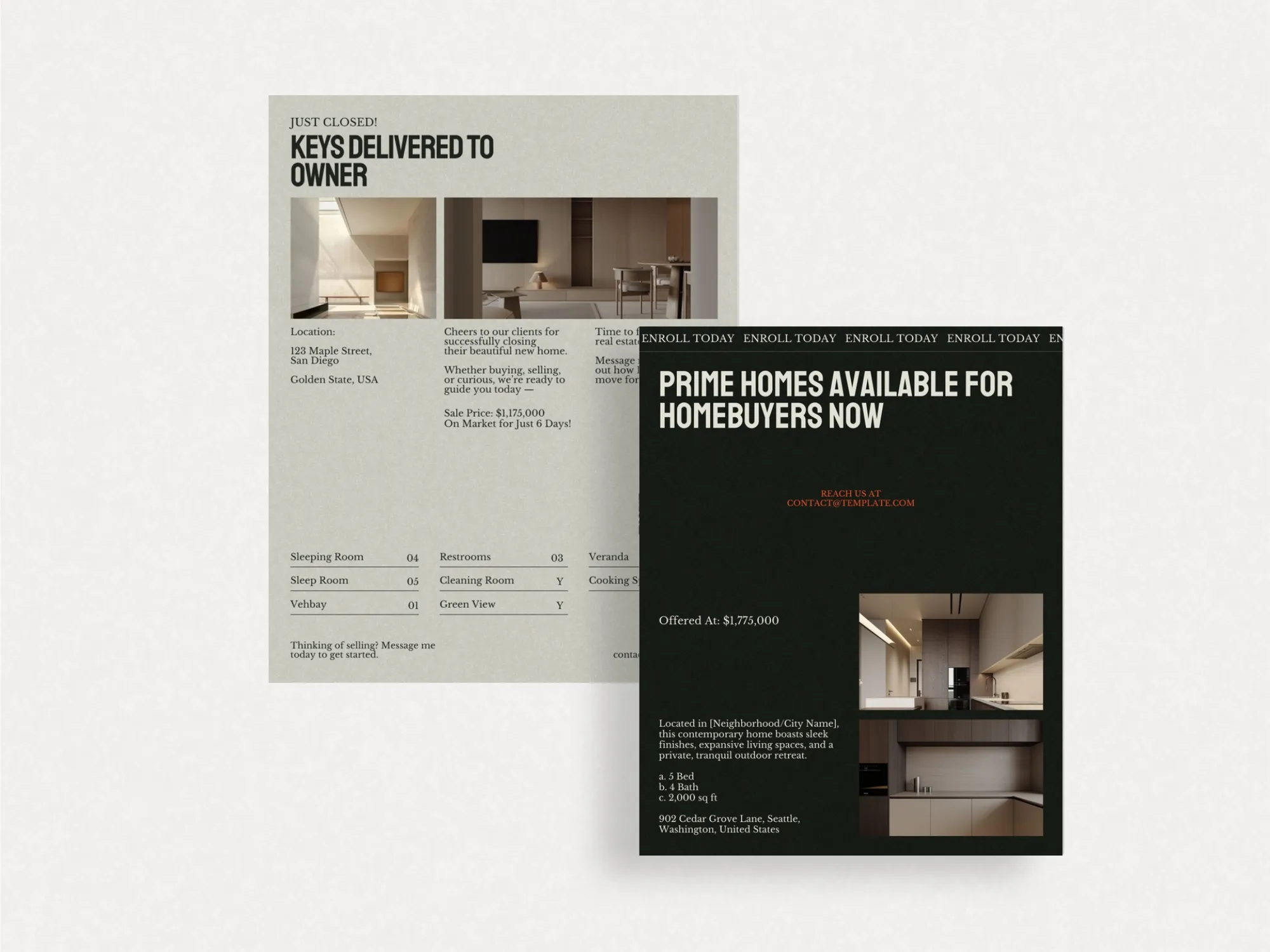 Sleek Canva property listing post template featuring customizable text and vibrant images, perfect for realtor marketing content.