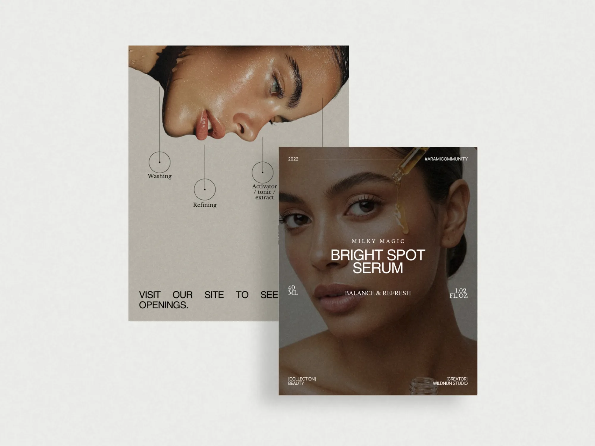 Customizable Canva template designed for skincare brands, featuring aesthetic graphics and spaces for product highlights. Perfect for social media posts.