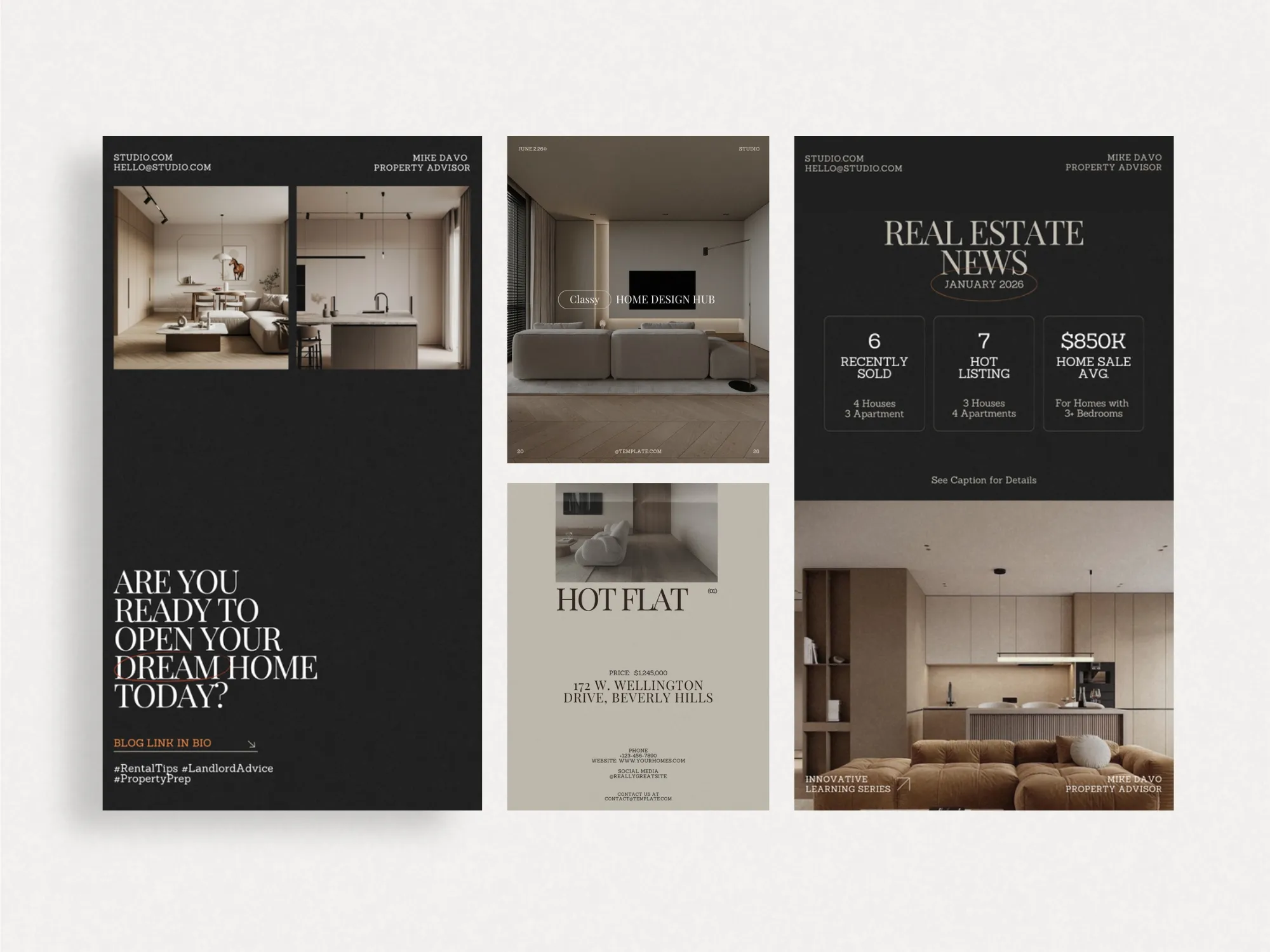 Stylish real estate post templates in 1080x1350 PX, crafted for brokers to enhance social media presence with branded content.