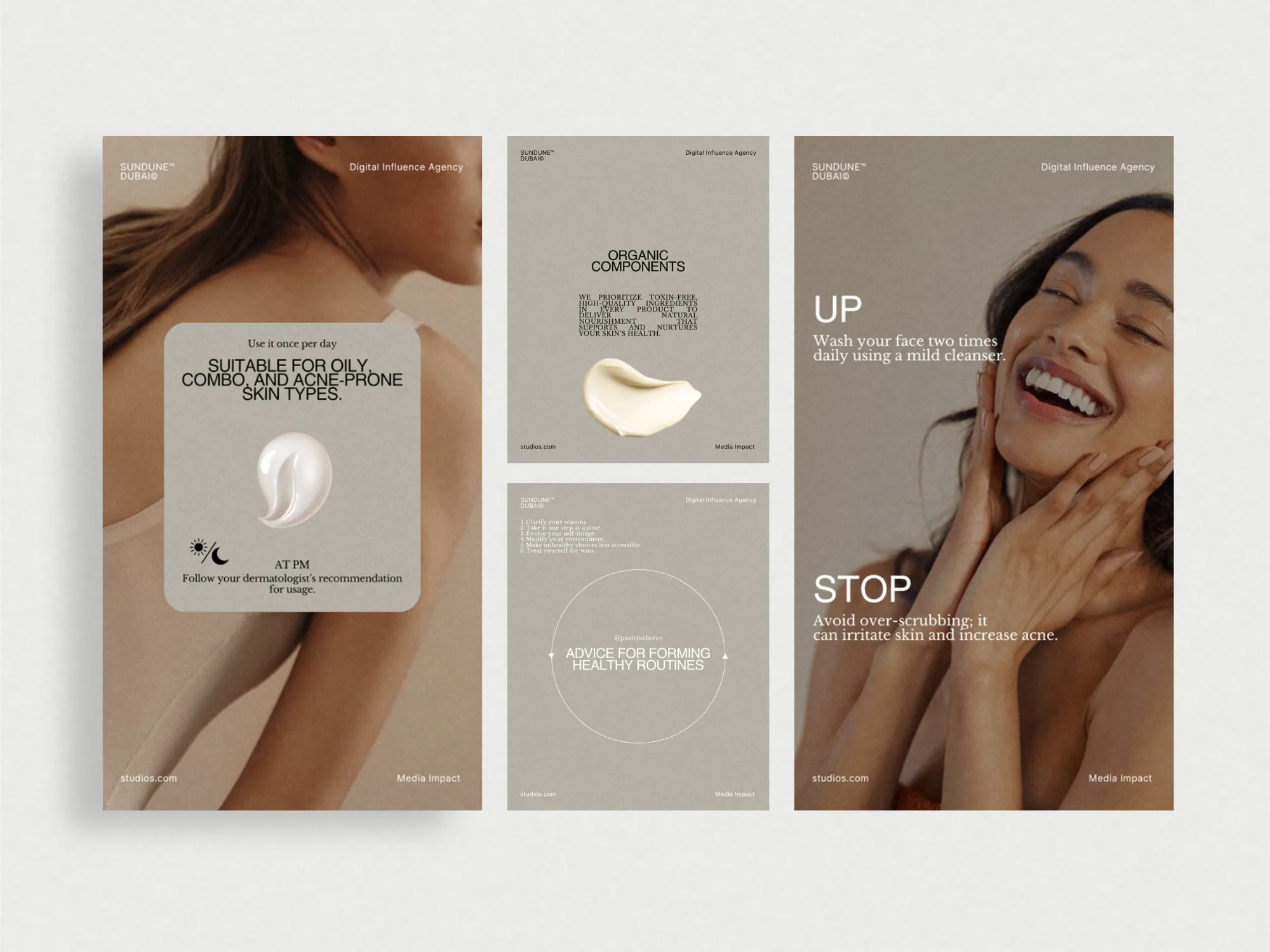 Elegant Canva post and story templates for skincare, emphasizing glowing transformations and ingredients at 1080x1920 PX.