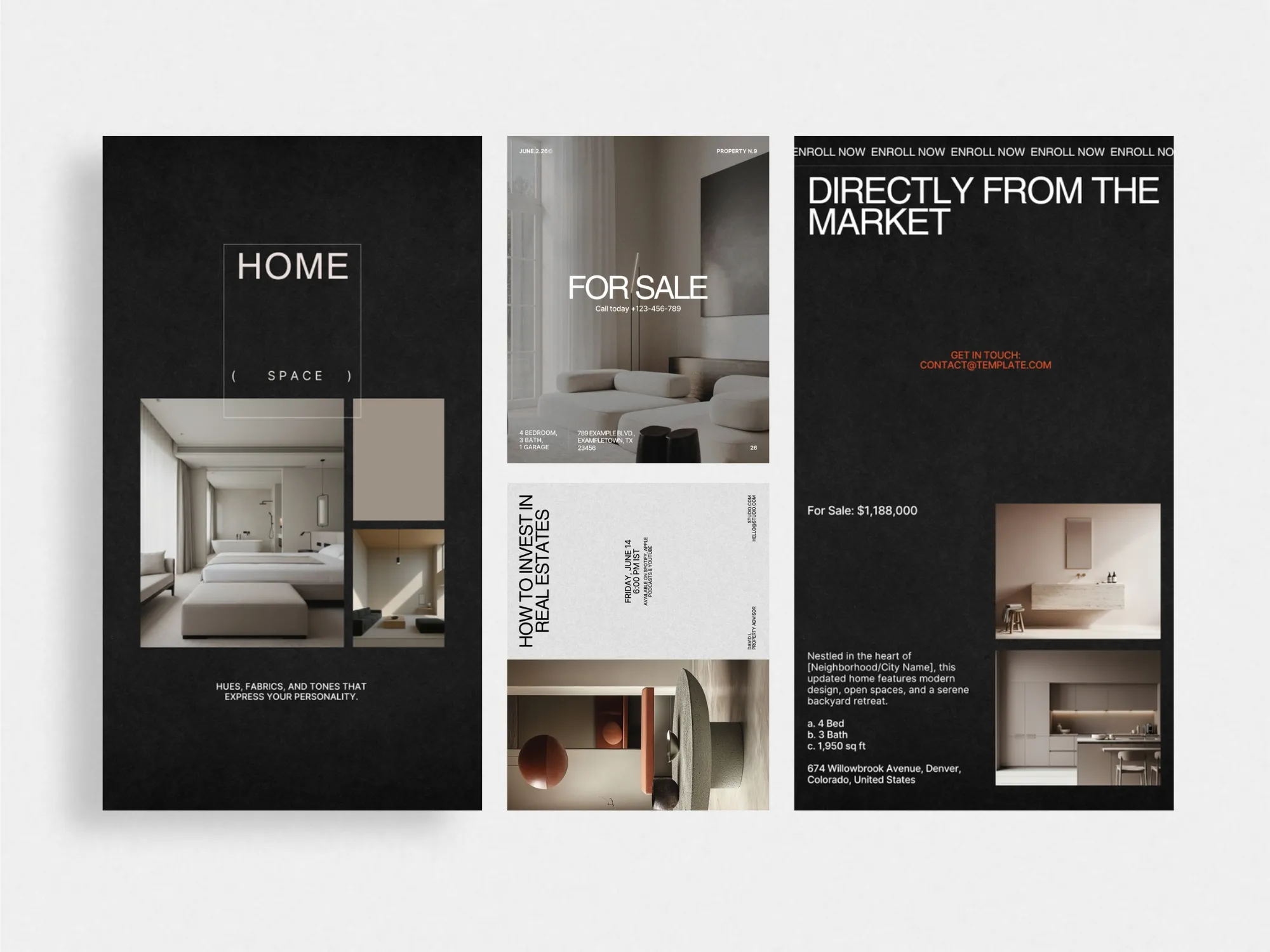 Stylish real estate Canva bundle templates with a polished aesthetic, perfect for Instagram posts to help property managers enhance their digital presence.
