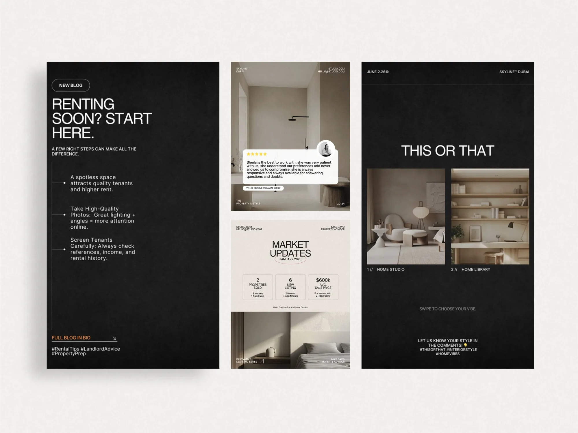 Stylish and modern real estate Instagram templates designed for agents, ensuring consistent branding and high-quality visuals on social media.