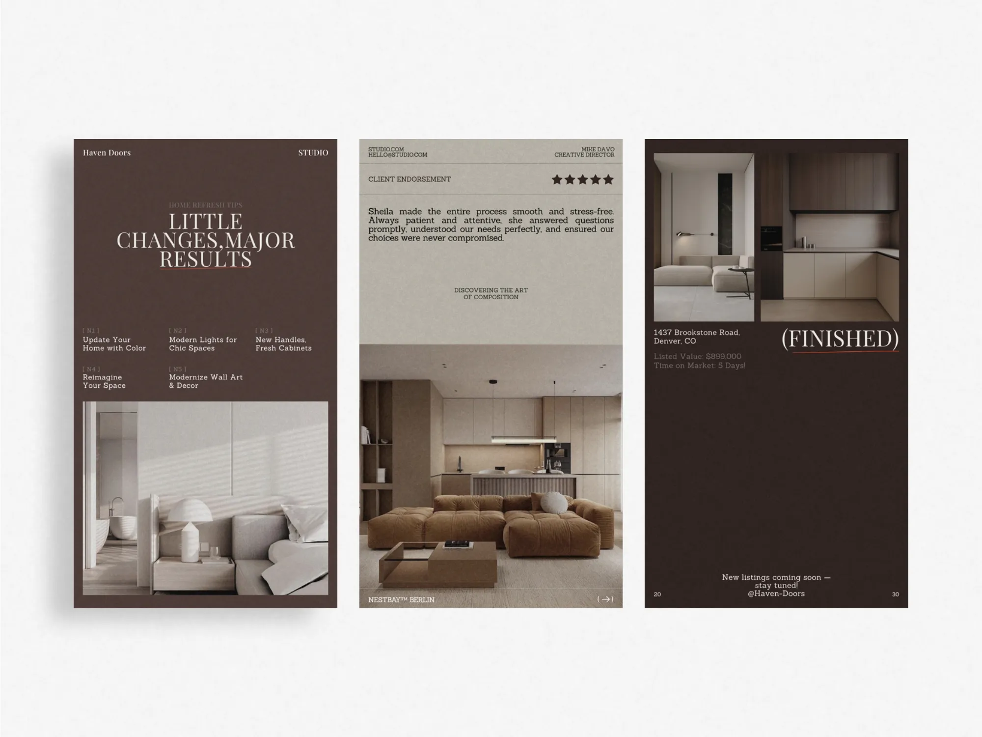 Elegant Canva property tour stories featuring ready-to-use layouts ideal for realtors to display property features and price drops attractively.