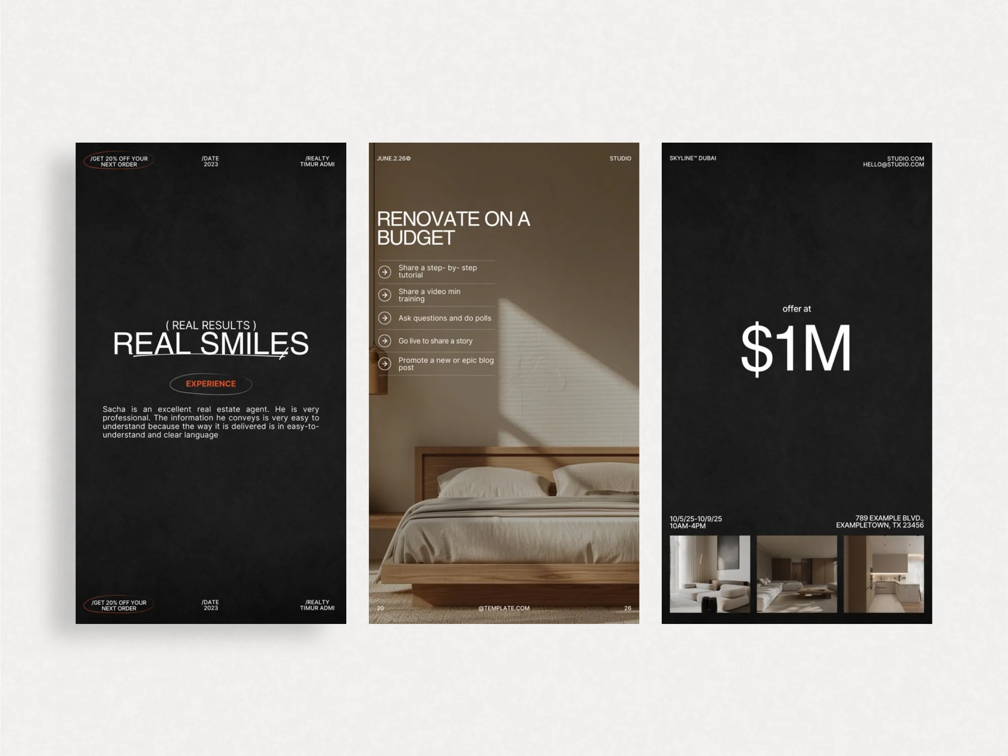 Versatile real estate Instagram story templates designed for property consultants, ideal for social media promotion and listings.