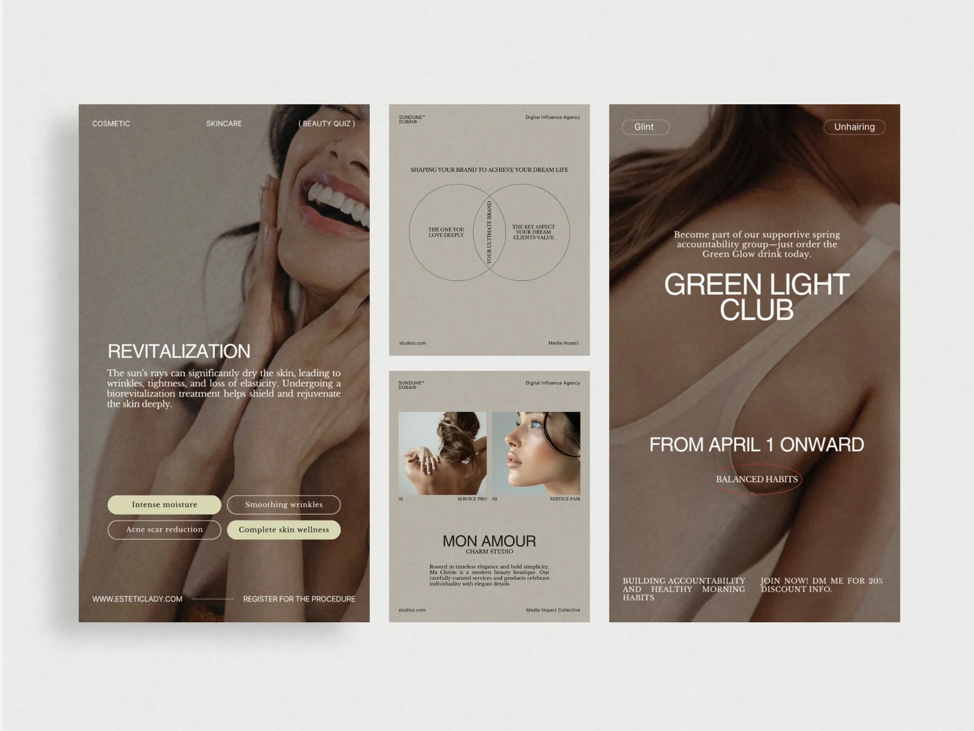 Flexible digital bundle for skincare promotions featuring soothing colors and layouts, ideal for maintaining a calming Instagram feed on Canva.