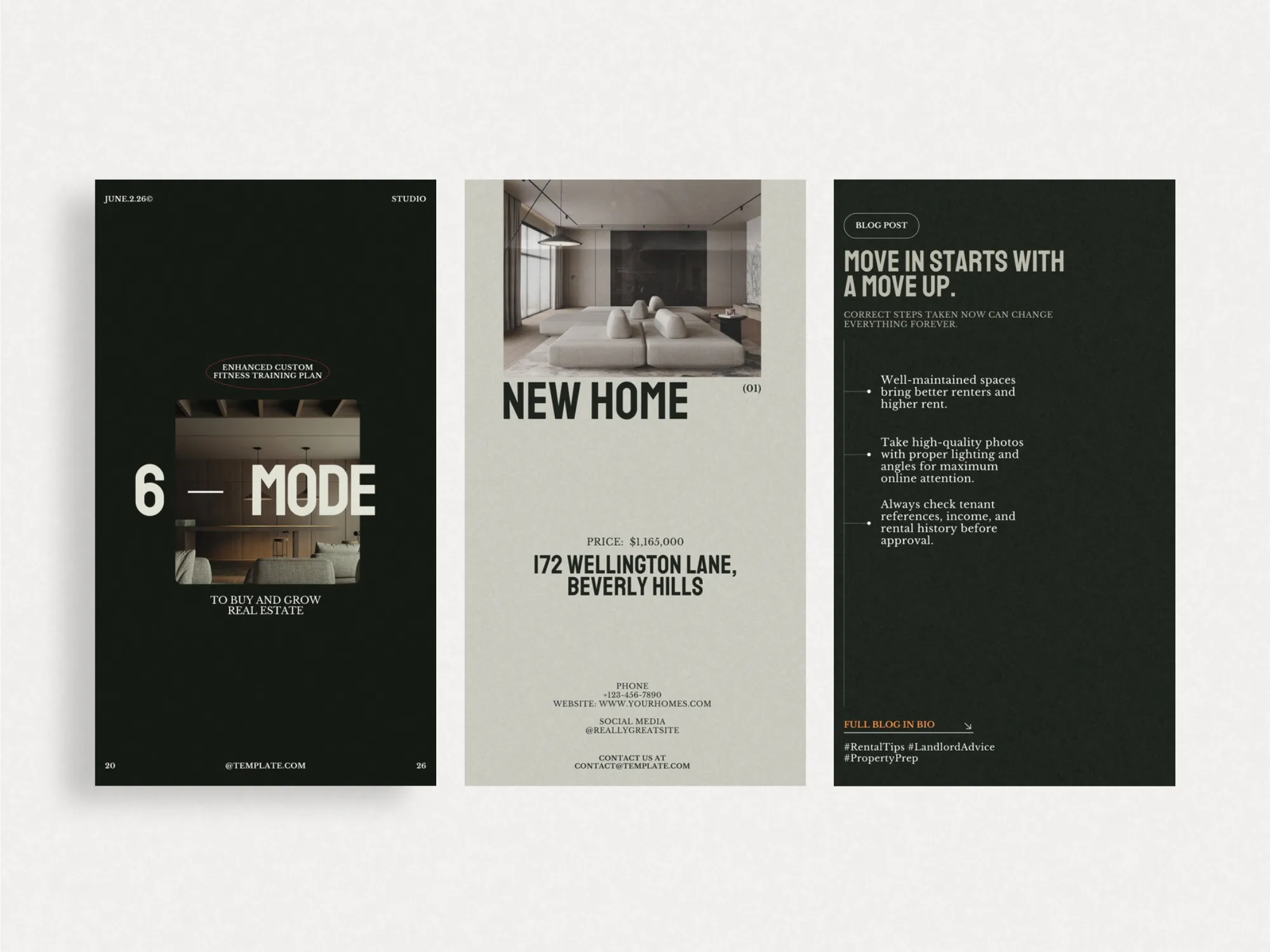 Professional real estate Instagram story templates for Canva, ideal for housing agencies to share property tours and local market updates visually.