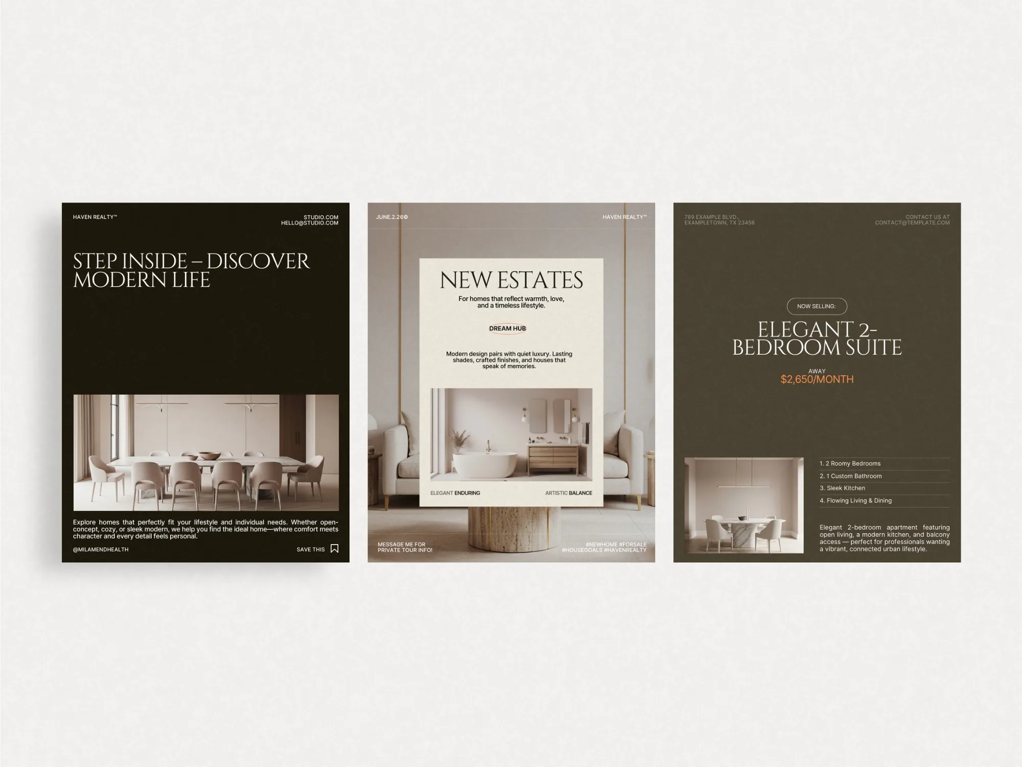 Eye-catching digital post templates for realtors, sized 1080x1350 PX, ideal for promoting listings and updates with Canva's user-friendly interface.