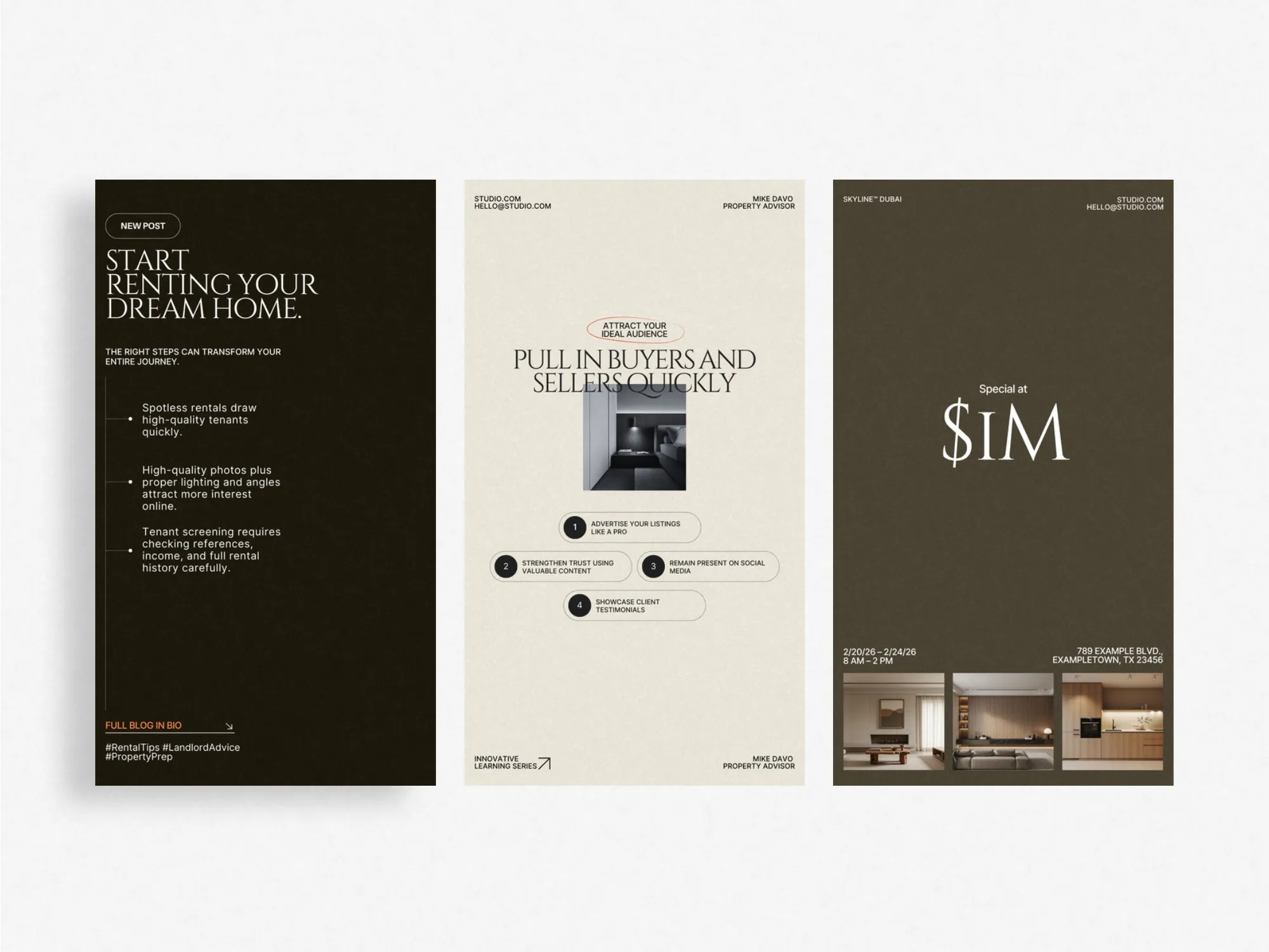 Professional marketing post templates for Instagram, specifically crafted for real estate agencies to captivate potential buyers.