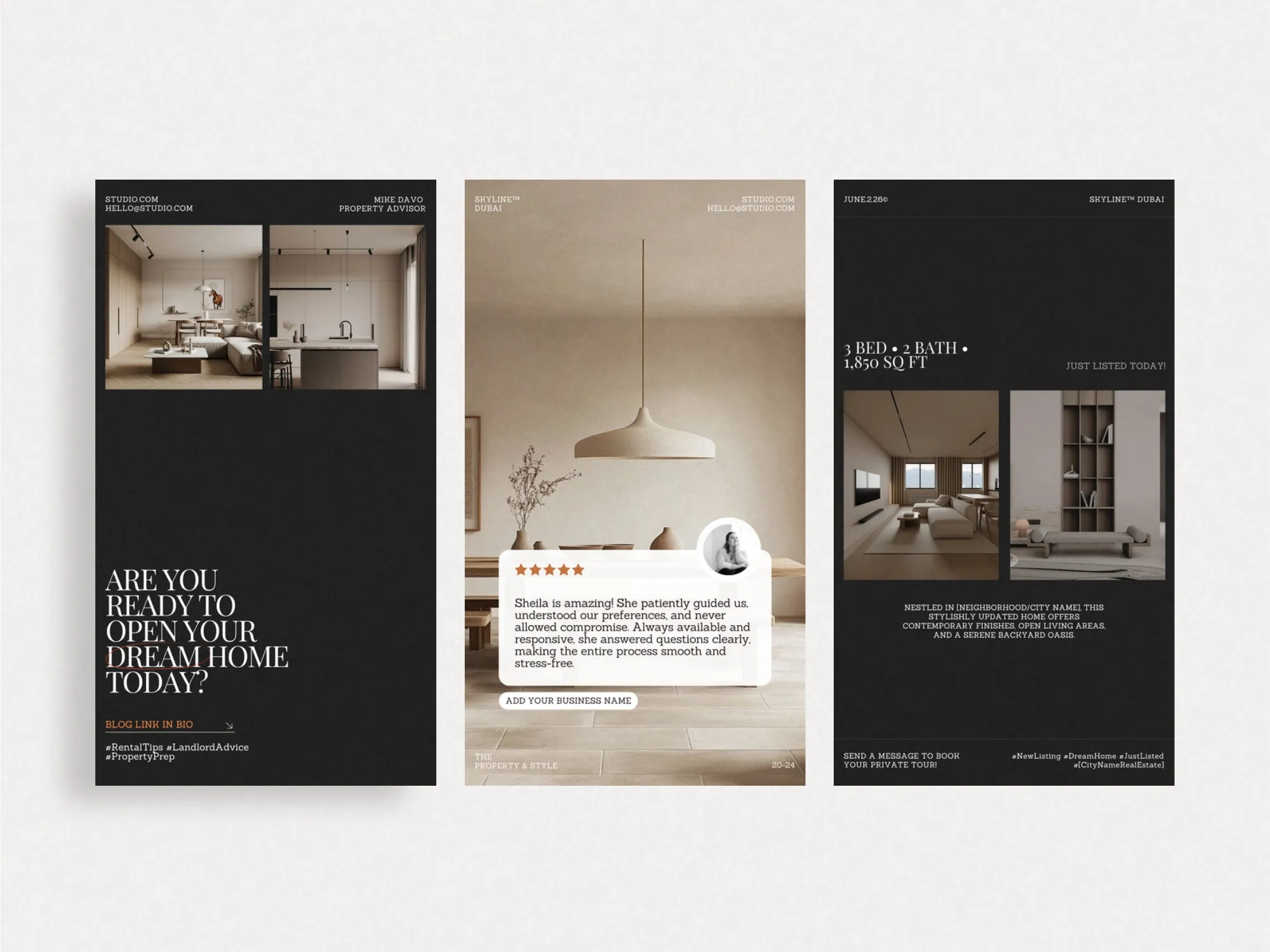 Visually appealing Canva property tour stories featuring modern layouts for realtors and brokers to enhance their social media presence.
