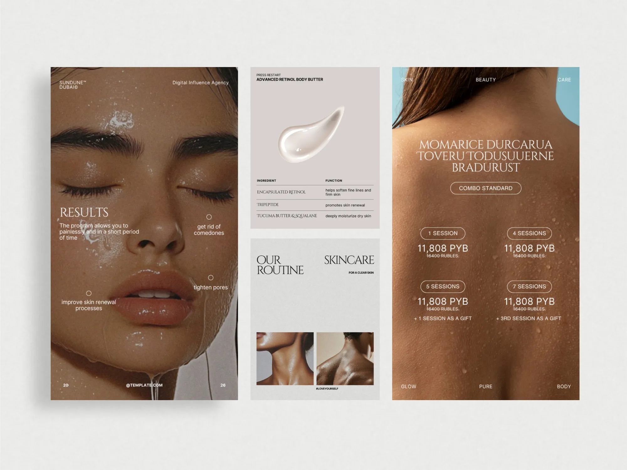 Professional beauty social media Canva template featuring skincare benefits and ingredients, ideal for salons looking to enhance their online presence.