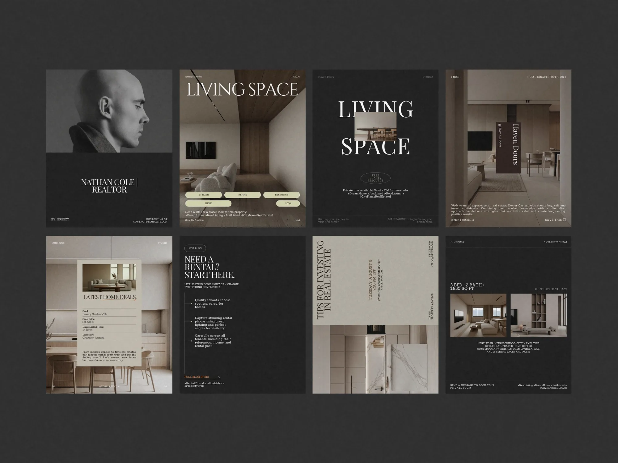 Eye-catching digital marketing templates designed in Canva for real estate professionals, showcasing properties in an engaging 1080x1350 PX format.