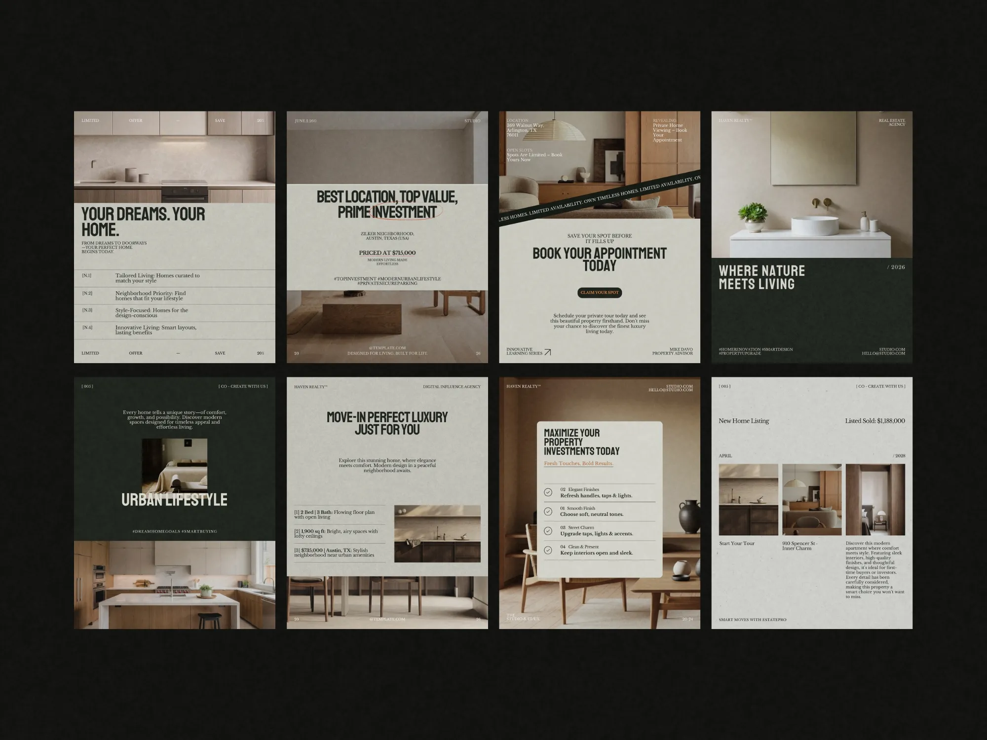 Eye-catching Instagram post templates in 1080x1350 PX, tailored for real estate agents to enhance their marketing strategies through Canva.