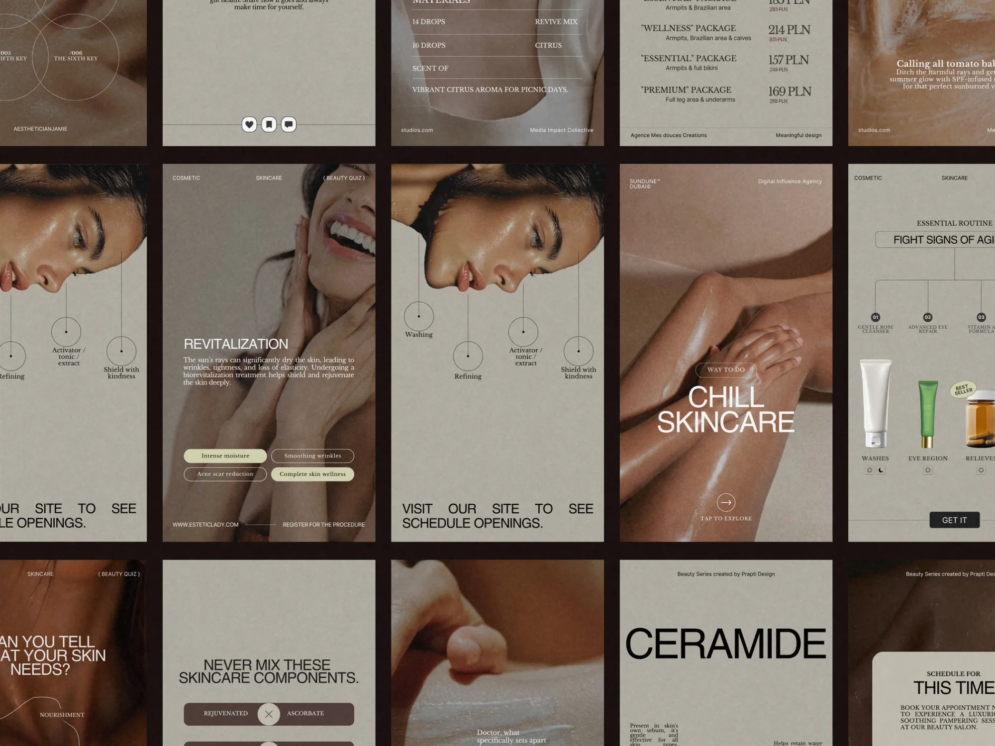 Set of 35 editable story templates tailored for skincare clinics, ideal for marketing offers and skincare advice through engaging Instagram visuals.