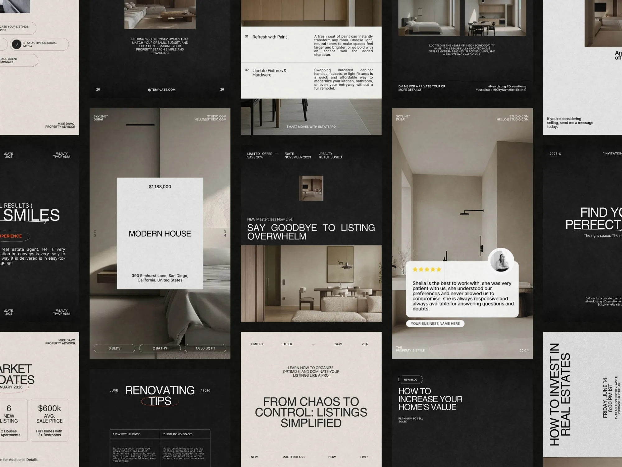 A collection of 80 customizable Canva templates for real estate professionals, suitable for eye-catching posts and stories to attract clients.