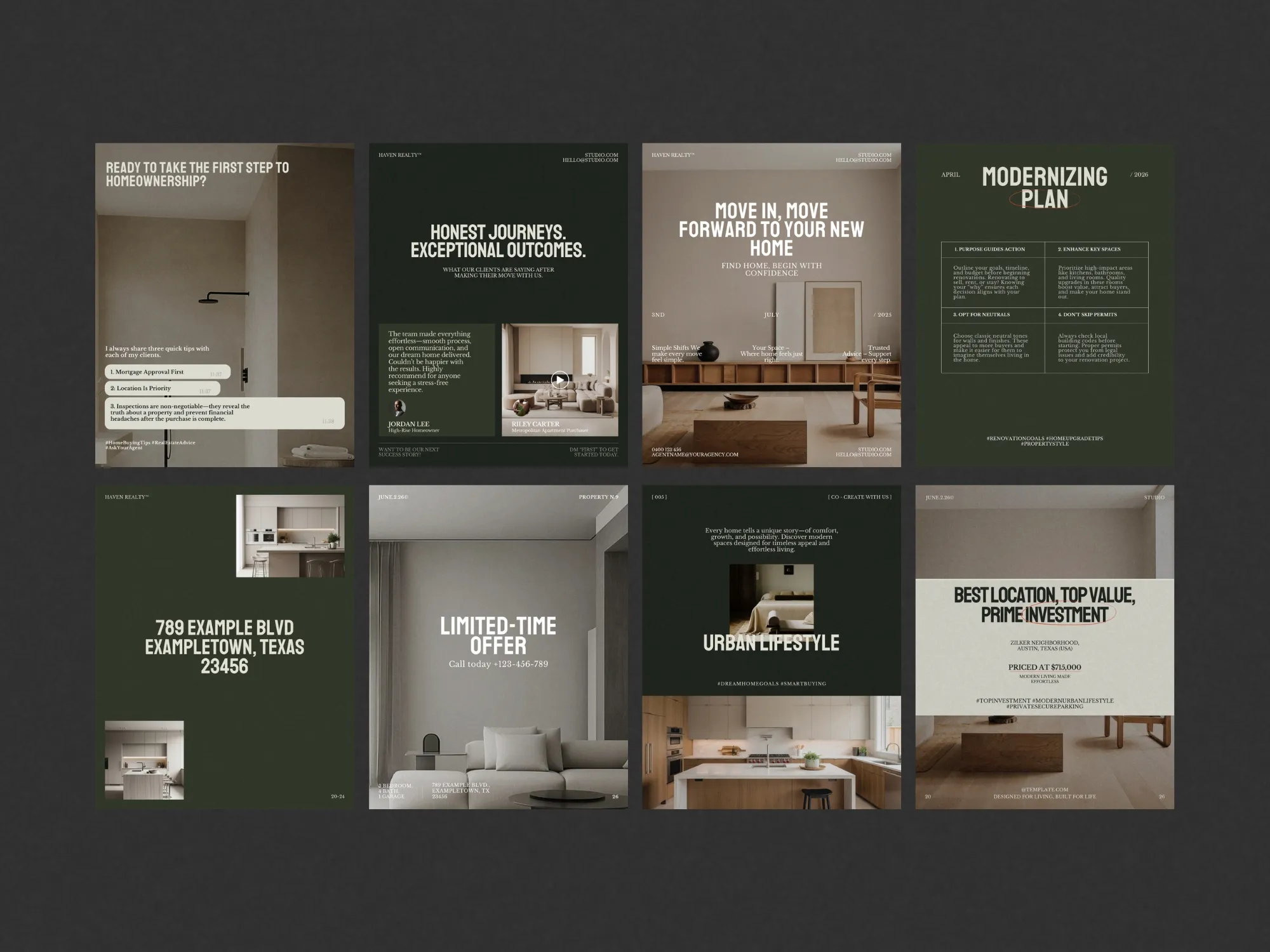 Versatile Canva realtor marketing kit with 120 distinct property listing templates, designed to boost visual appeal and credibility in real estate marketing.