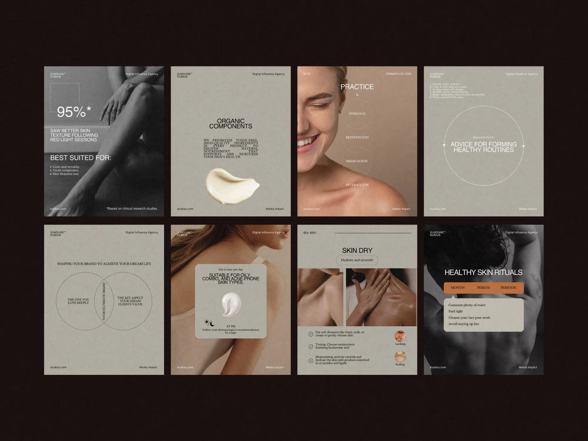 Engaging digital skincare Instagram post templates by Prapti Design, ideal for estheticians to display products and routines with a clean, modern layout.