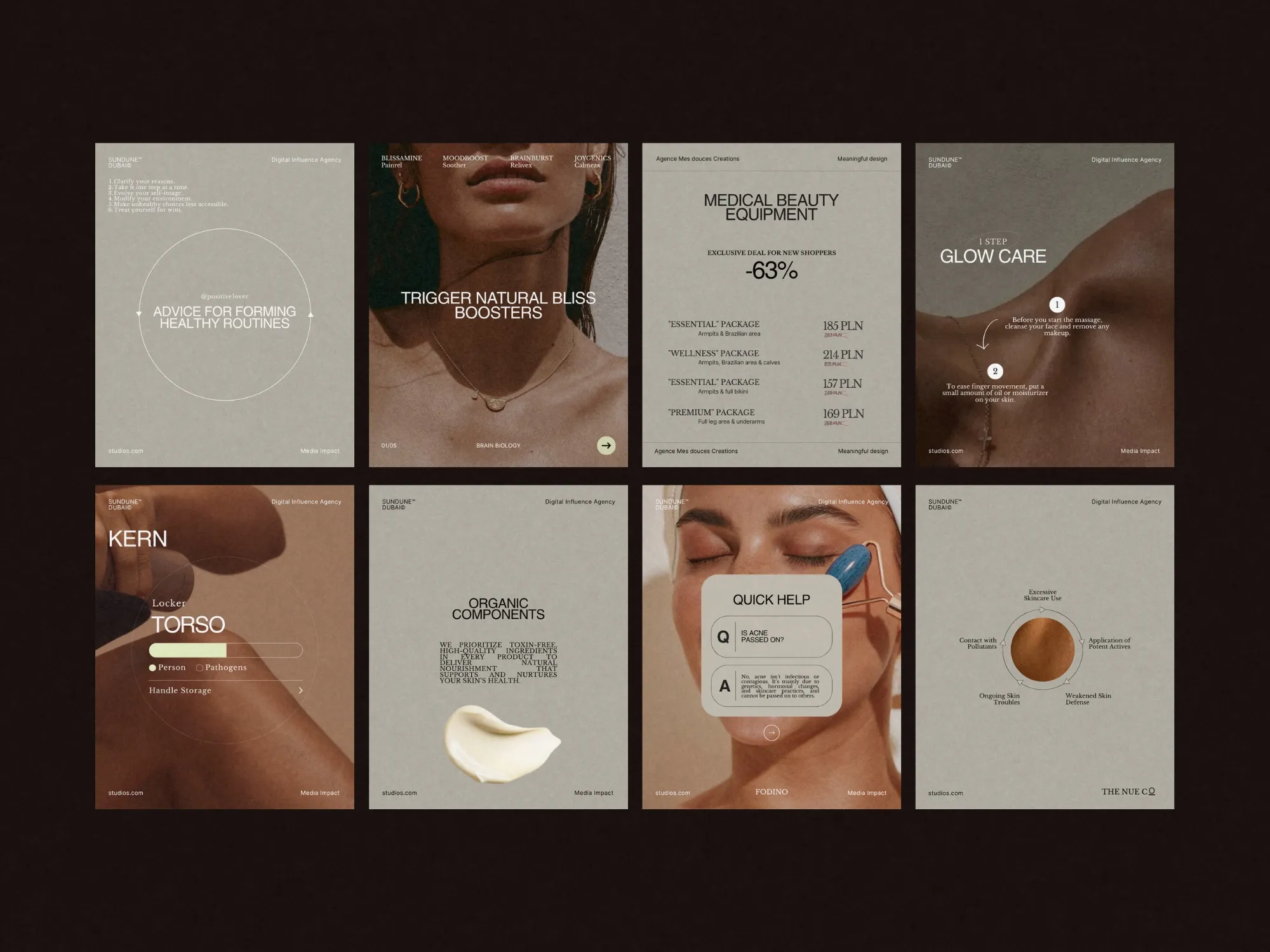 Sophisticated Canva pack featuring 105 unique skincare post designs, tailored for entrepreneurs seeking to boost their Instagram marketing effectiveness.