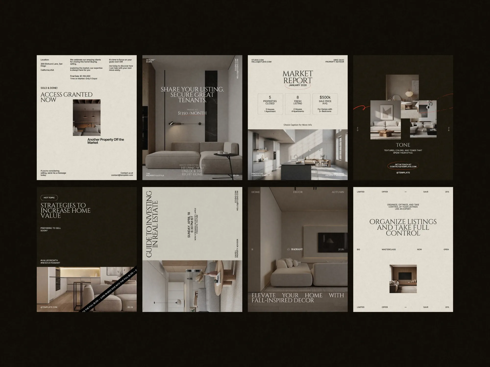 Professional Realtor marketing content template designed for Canva, featuring 40 unique layouts to captivate potential buyers on Instagram.