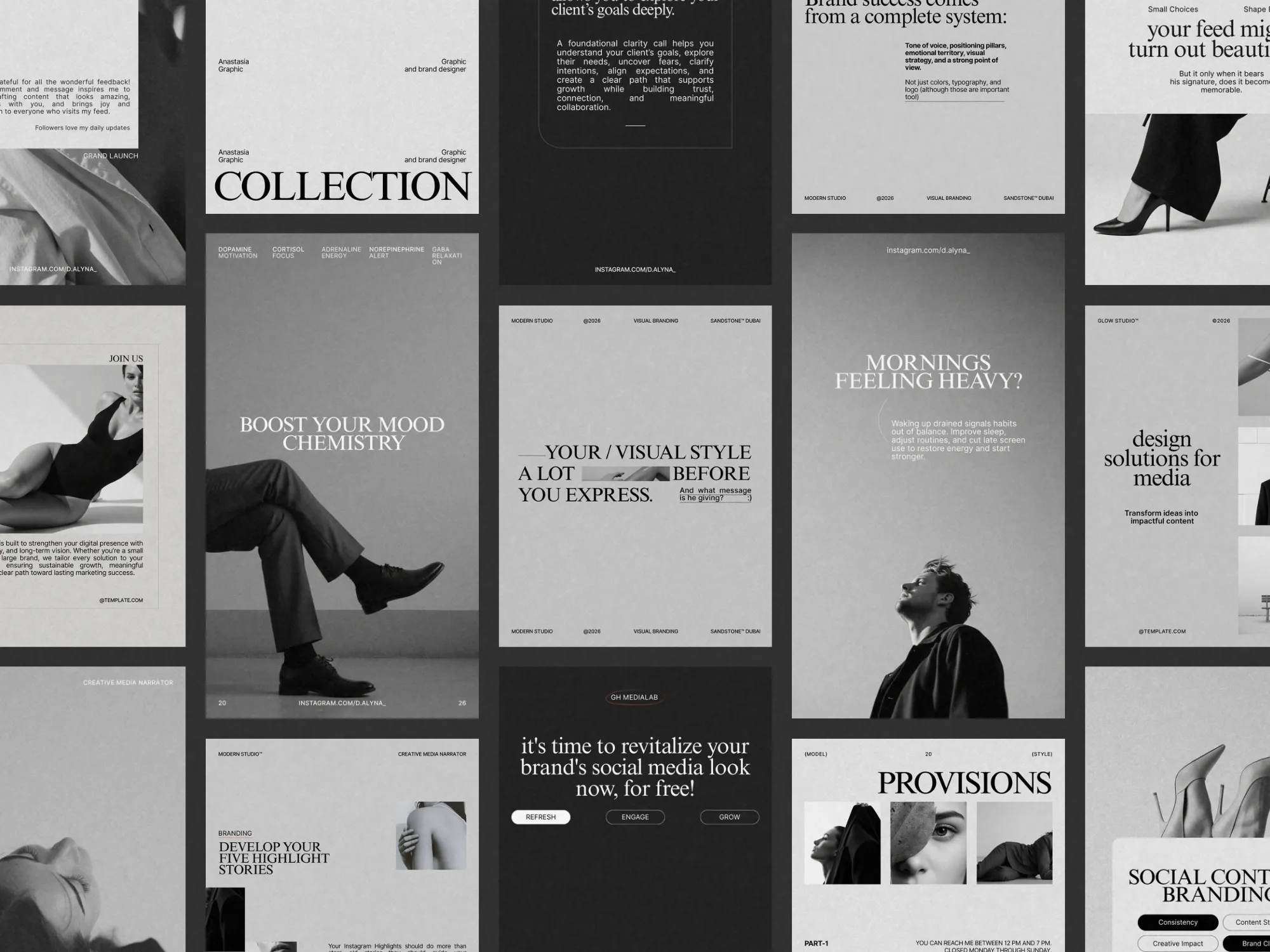 Professional Instagram marketing kit featuring customizable Canva templates for maintaining brand identity across stories and posts.