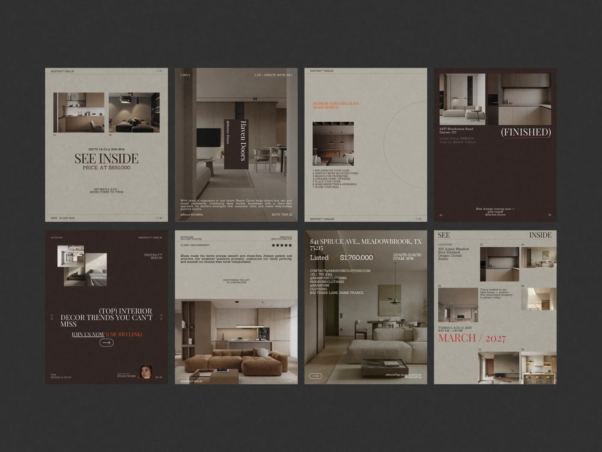Stylish digital post templates for realty agencies, enabling quick customization for open houses and listings in a 1080x1350 PX Canva format.