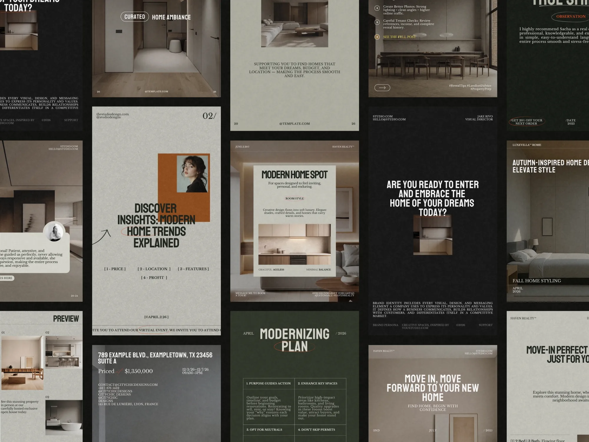 Professionally designed Canva templates for real estate social media, featuring 240 unique layouts ideal for property managers and builders to showcase listings.