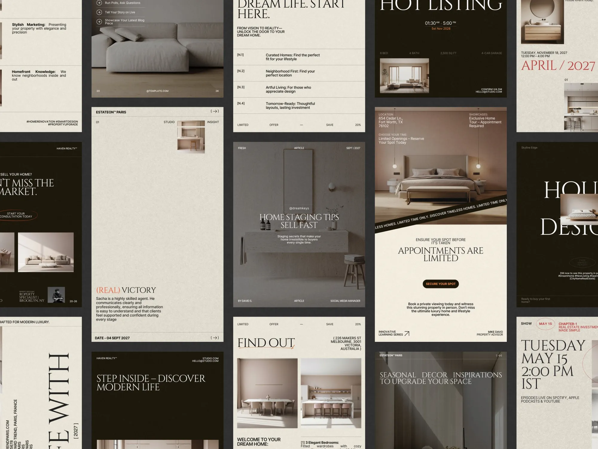 Innovative digital designs for real estate promotion, including IG story and post templates in 1080x1920 PX and 1080x1350 PX dimensions.