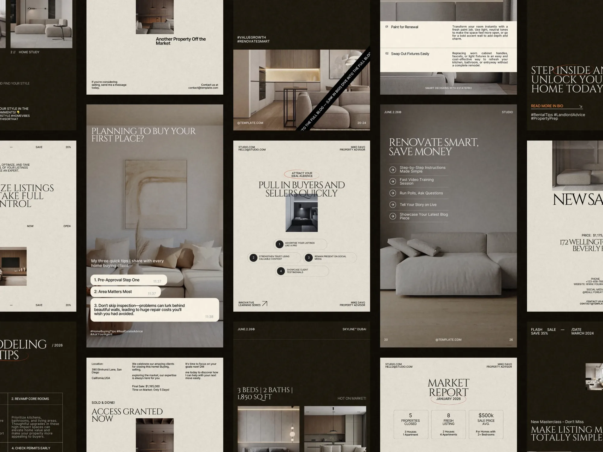 Customizable Canva realtor kit displaying elegant templates for engaging property content, set in dimensions perfect for Instagram stories at 1080x1920 PX.