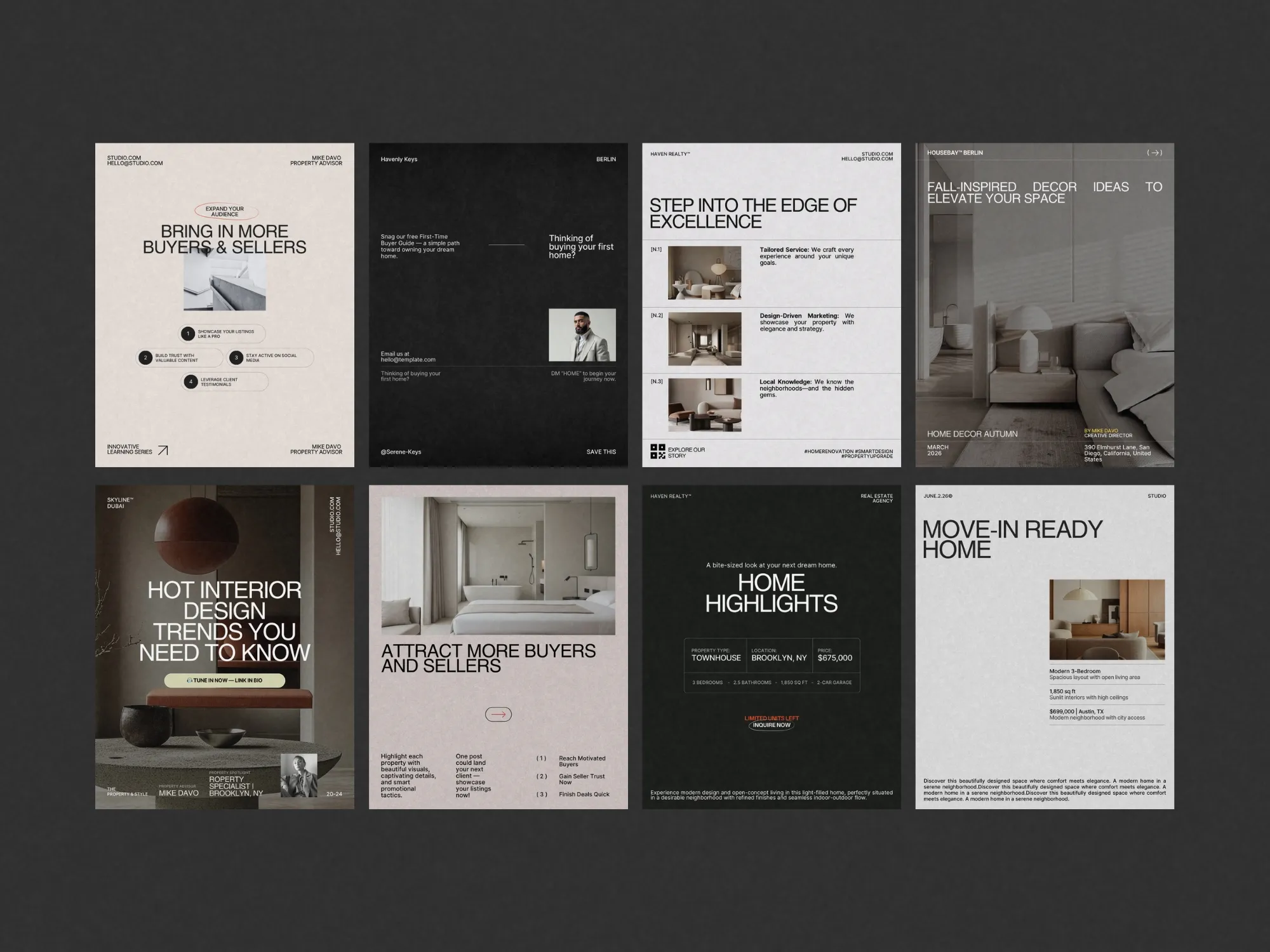 Stylish and contemporary Instagram post templates tailored for real estate professionals, ideal for consistent branding and boosting inquiries.