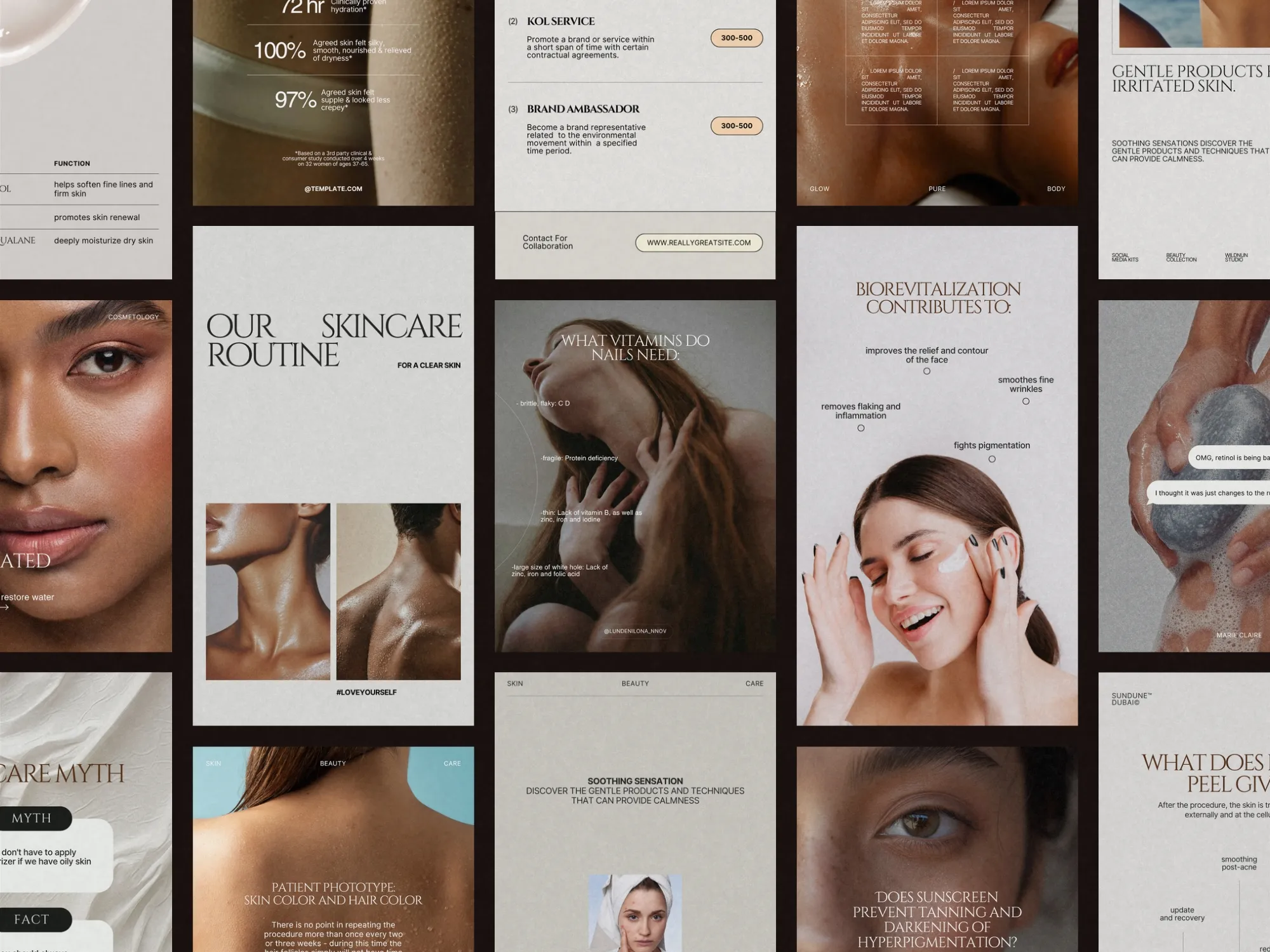 Digital skincare content kit template designed for Instagram posts, featuring a minimalist layout for showcasing product offers and skincare routines.