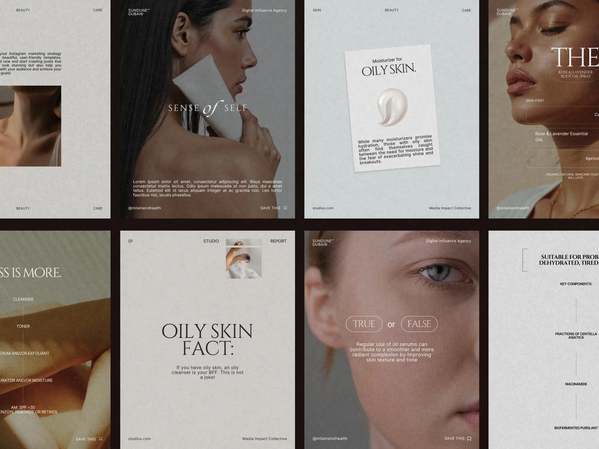 Stylish digital download featuring 35 unique skincare Instagram post templates, perfect for estheticians and cosmetic shops looking to engage clients.