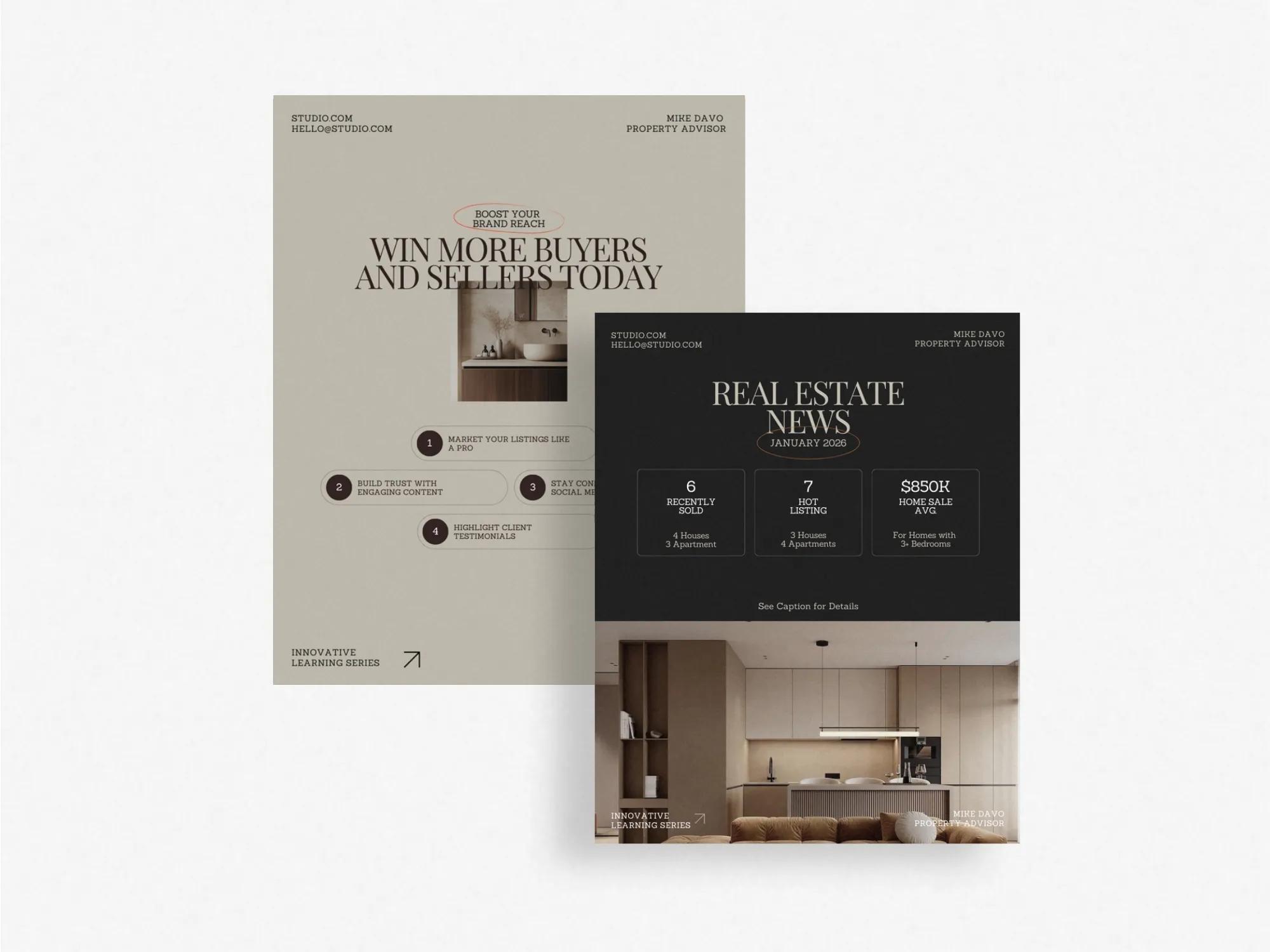 Stylish Instagram post bundle with 120 real estate templates, perfect for developers aiming to elevate their property presentations and online presence.