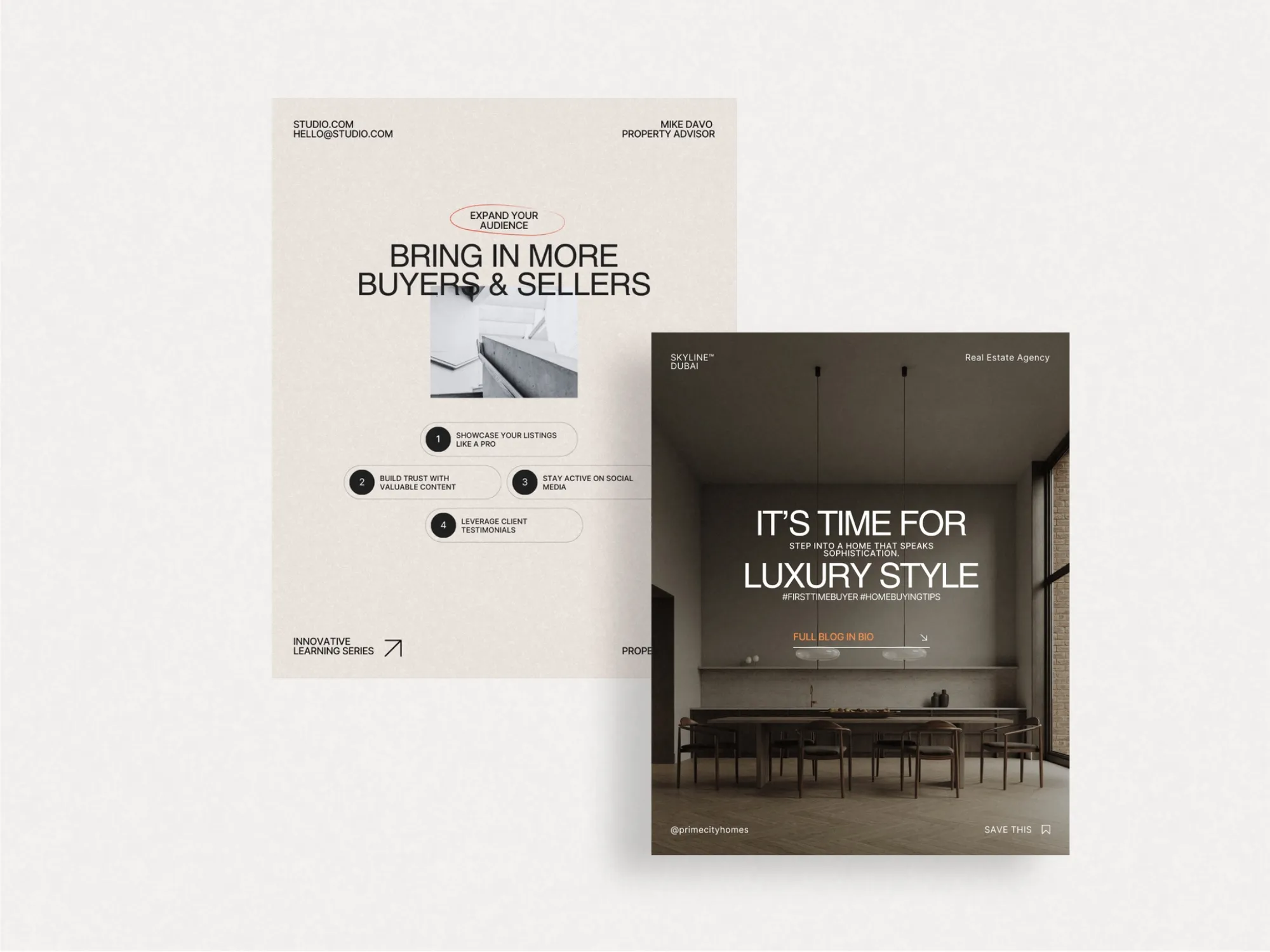 Customizable Canva property listing post templates presenting a visually appealing layout for effective realtor marketing on Instagram.